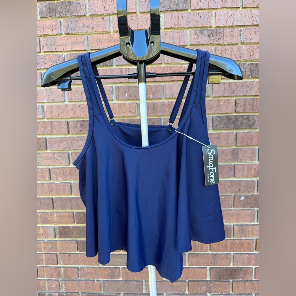 SouqFone Tankini Swim Top Womens Size XL Navy Blue Ruffled Adjustable Strap New